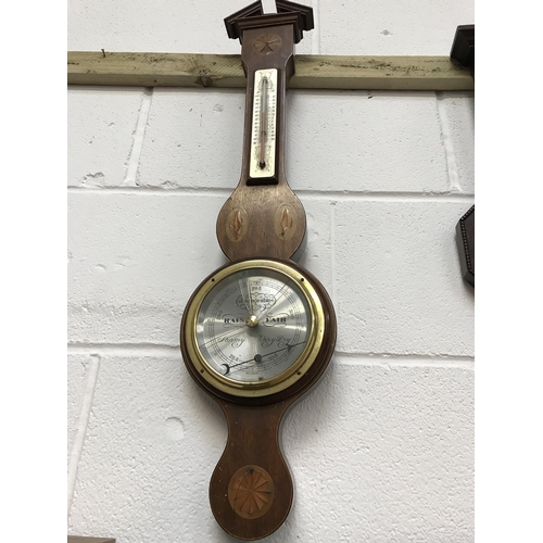 111 - VINTAGE OAK WALL BAROMETER AND A MAHOGANY INLAID BAROMETER A/F