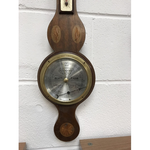 111 - VINTAGE OAK WALL BAROMETER AND A MAHOGANY INLAID BAROMETER A/F