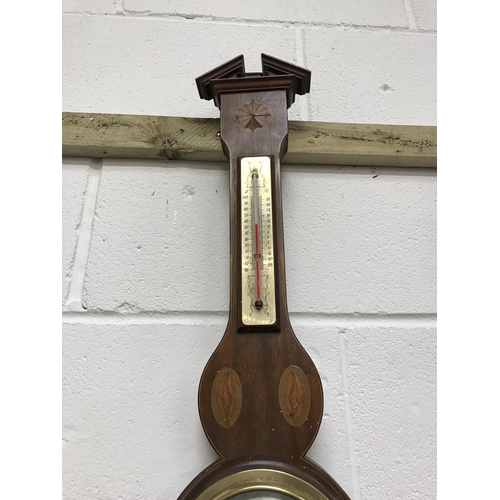 111 - VINTAGE OAK WALL BAROMETER AND A MAHOGANY INLAID BAROMETER A/F