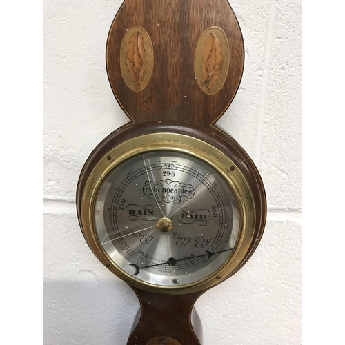 111 - VINTAGE OAK WALL BAROMETER AND A MAHOGANY INLAID BAROMETER A/F