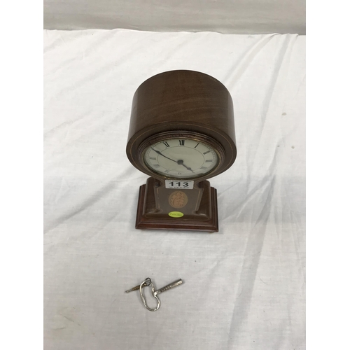 113 - EDWARDIAN MAHOGANY INLAID MANTLE CLOCK ON BRASS BUTTON FEET COMPLETE WITH KEY - H 12