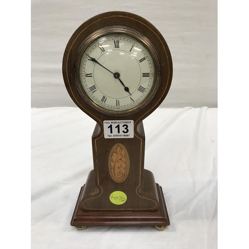 113 - EDWARDIAN MAHOGANY INLAID MANTLE CLOCK ON BRASS BUTTON FEET COMPLETE WITH KEY - H 12