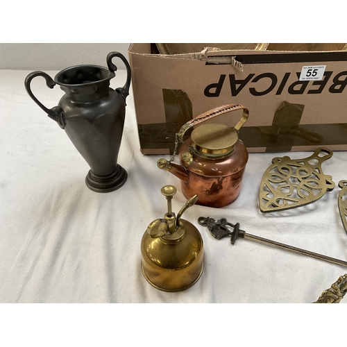 55 - BOX OF METALWARE TO INCLUDE BRASS, COPPER, AND A FOOTMAN