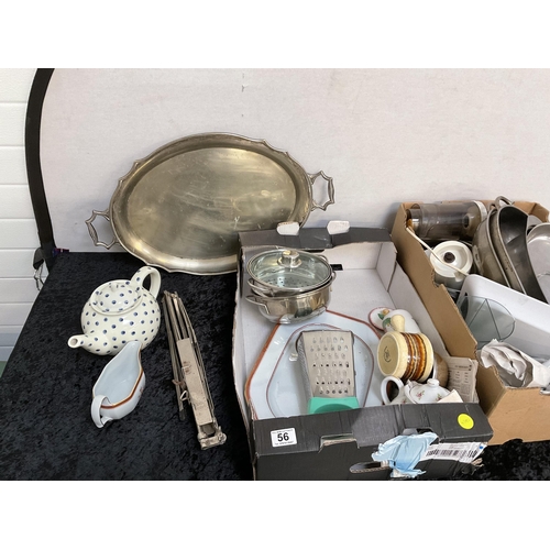 56 - 2 BOXES OF ODDS TO INCLUDE SAUCEPANS, MUSIC STAND, SILVER PLATE, ROASTING TINS ETC