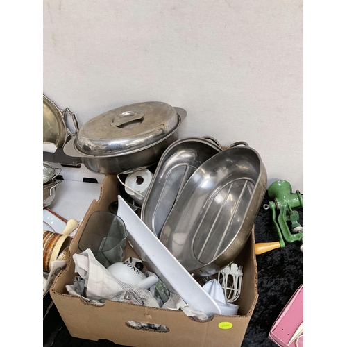 56 - 2 BOXES OF ODDS TO INCLUDE SAUCEPANS, MUSIC STAND, SILVER PLATE, ROASTING TINS ETC