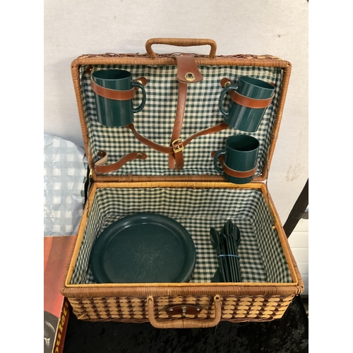 67 - WICKER PICNIC BASKET AND CONTENTS AND A VINTAGE ROULETTE GAME IN BOX