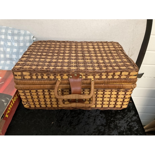 67 - WICKER PICNIC BASKET AND CONTENTS AND A VINTAGE ROULETTE GAME IN BOX