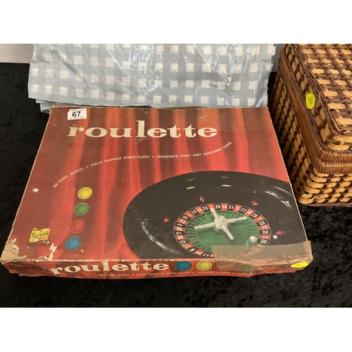 67 - WICKER PICNIC BASKET AND CONTENTS AND A VINTAGE ROULETTE GAME IN BOX