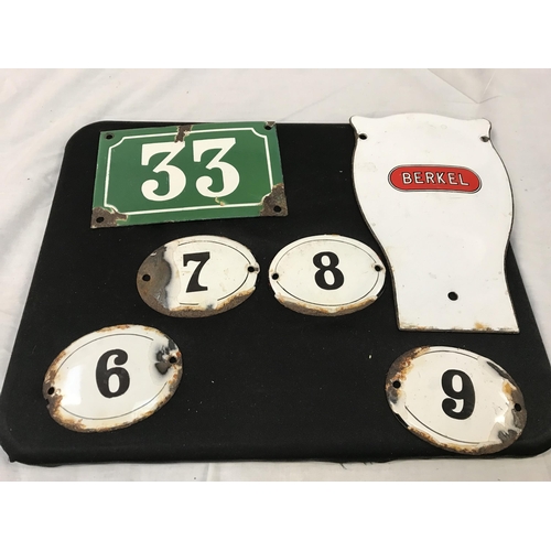 140 - VINTAGE ENAMEL BERKEL SIGN AND A QTY OF ENAMELLED NUMBERS