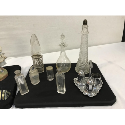 146 - QTY OF PERFUME BOTTLES, THEATRE GLASSES AND A PAIR OF BISQUE FIGURES A/F