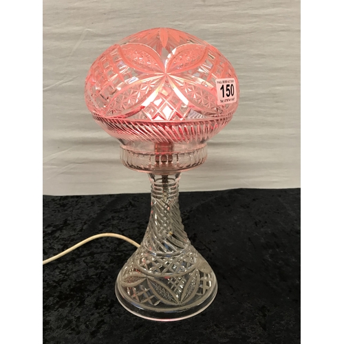 150 - VINTAGE CUT GLASS MUSHROOM LAMP WITH RED BULB CLEAR GLASS SHADE - H 14