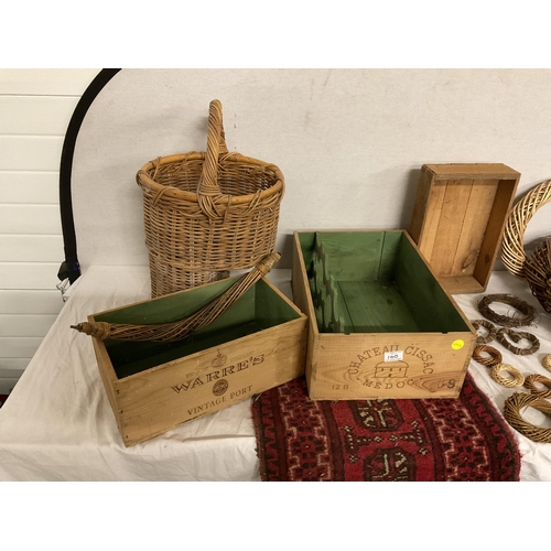 100 - BOX OF BASKETS, WOODEN CRATES AND A VINTAGE CARPET