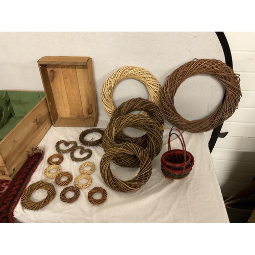 100 - BOX OF BASKETS, WOODEN CRATES AND A VINTAGE CARPET