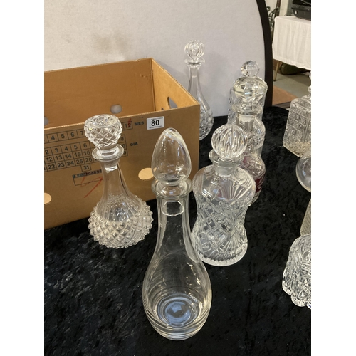 80 - A BOX OF 12 DECANTERS TO INCLUDE CUT GLASS EXAMPLES