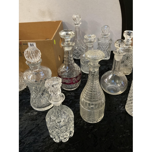 80 - A BOX OF 12 DECANTERS TO INCLUDE CUT GLASS EXAMPLES