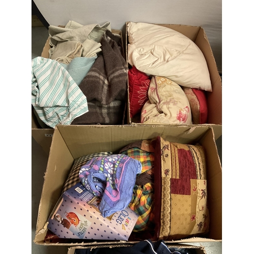 98 - 4 BOXES OF VINTAGE LINEN AND BLANKETS ETC