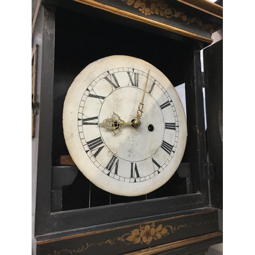 186 - 8 DAY LONG CASE GRANDFATHER CLOCK WITH PAINTED CIRCULAR FACE WITH CHINOISERIE DECORATION AND BULLS E... 