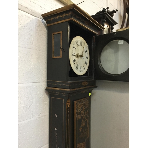 186 - 8 DAY LONG CASE GRANDFATHER CLOCK WITH PAINTED CIRCULAR FACE WITH CHINOISERIE DECORATION AND BULLS E... 