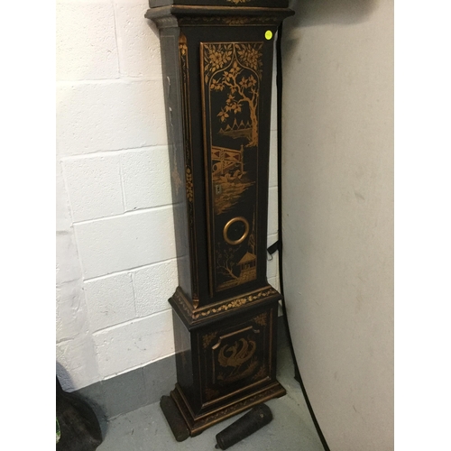 186 - 8 DAY LONG CASE GRANDFATHER CLOCK WITH PAINTED CIRCULAR FACE WITH CHINOISERIE DECORATION AND BULLS E... 