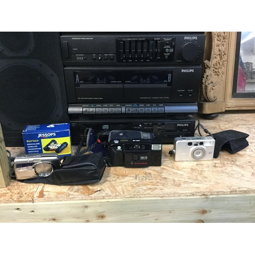 198 - PHILLIPS STACKING HI FI AND SPEAKERS, QTY OF CAMERAS AND A LAPTOP (NO LEAD)