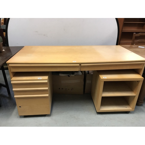 352 - MODERN BEECH DESK WITH 2 DRAWERS MATCHING UNDER COUNTER FILING CABINET AND CUBE SHELVES - L 63