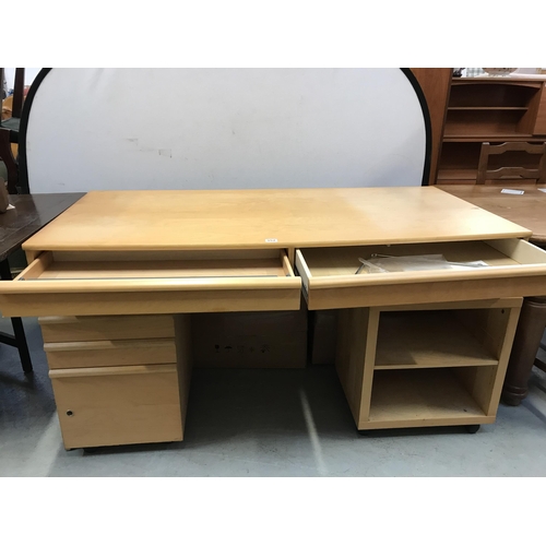 352 - MODERN BEECH DESK WITH 2 DRAWERS MATCHING UNDER COUNTER FILING CABINET AND CUBE SHELVES - L 63