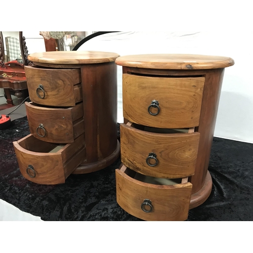 355 - MODERN PAIR OF ACACIA WOOD CYLINDRICAL 3 DRAWER CHESTS - H 23