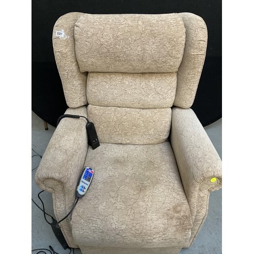 328 - BEIGE FABRIC ELECTRIC RISE AND RECLINE ARMCHAIR AND MASSAGER