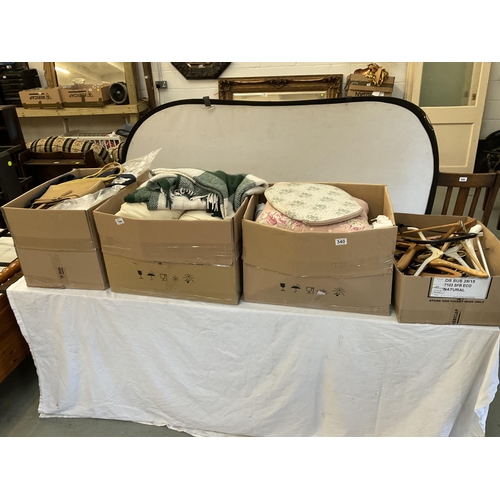 340 - 3 BOXES OF LINEN AND BLANKETS ETC AND A BOX OF COAT HANGERS