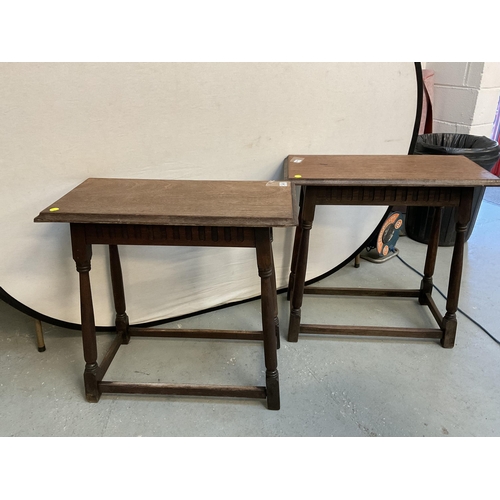 346 - PAIR OF VINTAGE MAHOGANY STRETCHERED BAR TABLES A/F - H 29