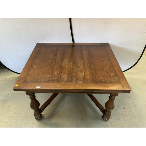 347 - VINTAGE OVER SIZED OAK STRETCHERED DRAWER LEAF DINING TABLE AND 8 MATCHING CHAIRS - H 30