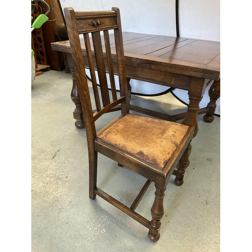 347 - VINTAGE OVER SIZED OAK STRETCHERED DRAWER LEAF DINING TABLE AND 8 MATCHING CHAIRS - H 30