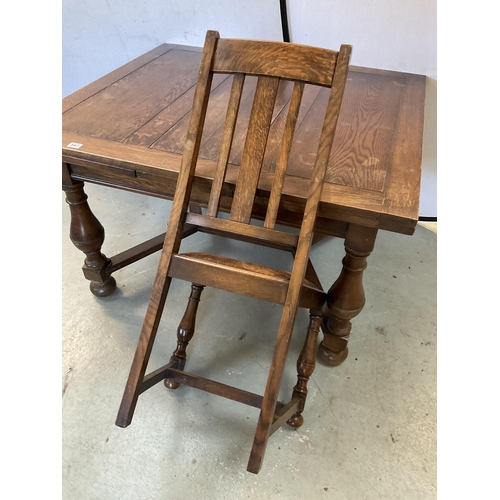 347 - VINTAGE OVER SIZED OAK STRETCHERED DRAWER LEAF DINING TABLE AND 8 MATCHING CHAIRS - H 30