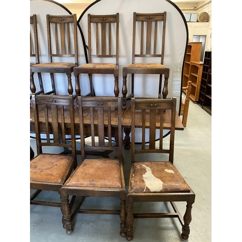 347 - VINTAGE OVER SIZED OAK STRETCHERED DRAWER LEAF DINING TABLE AND 8 MATCHING CHAIRS - H 30