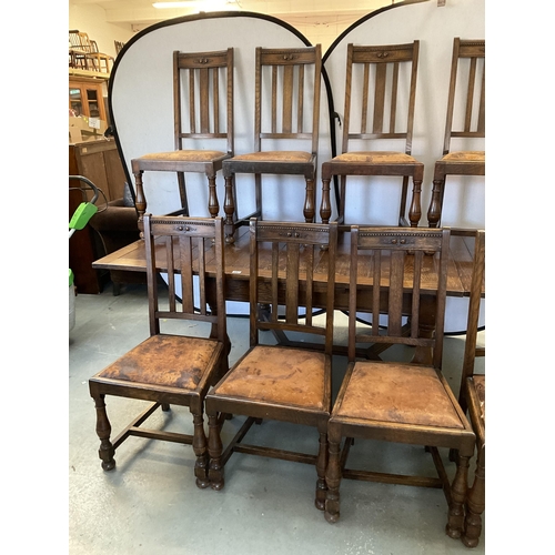 347 - VINTAGE OVER SIZED OAK STRETCHERED DRAWER LEAF DINING TABLE AND 8 MATCHING CHAIRS - H 30