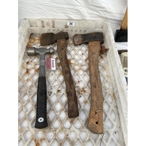 36 - CRATE OF VINTAGE AXES ETC