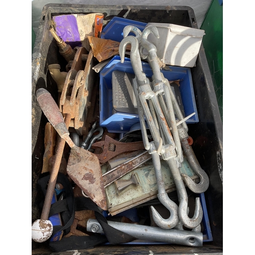 38 - 4 CRATES OF HARDWARE TO INCLUDE WELDING TORCH & HOSES,TOWING HOOKS TOOLS ETC