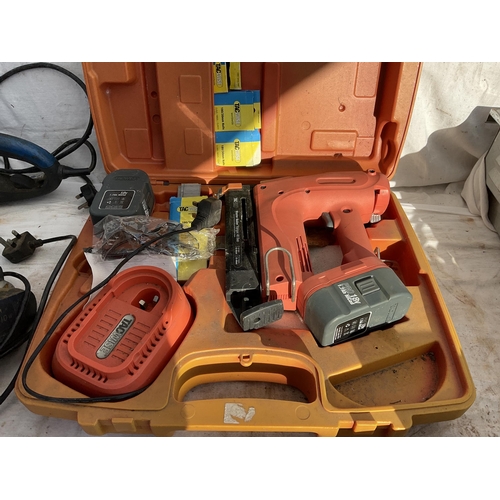 45 - TILE CUTTER, LARGE ANGLE GRINDER AND ELECTRIC CHAINSAW, BENCH GRINDER, POWER SANDER AND 110 JUNCTION... 