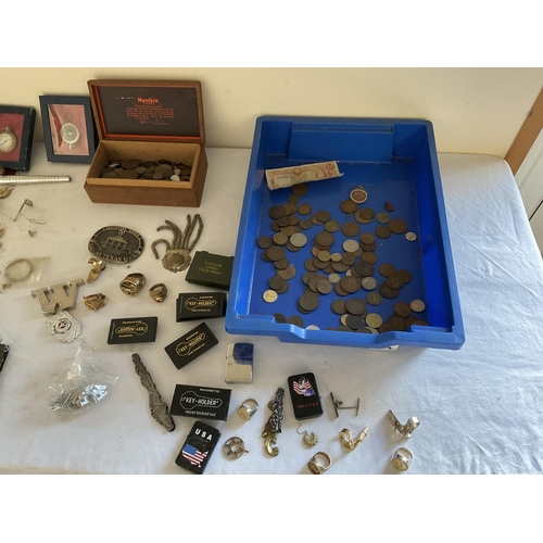 54 - 2 CRATES OF REPRODUCTION POCKET WATCHES, JEWELLERY, COINS ETC