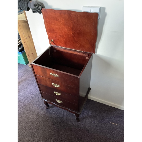 59 - REPRODUCTION MAHOGANY STYLE OFFICE CHEST WITH LIFT UP TOP ON CABBRIOLE LEGS  - (HANDLE MISSING) H32