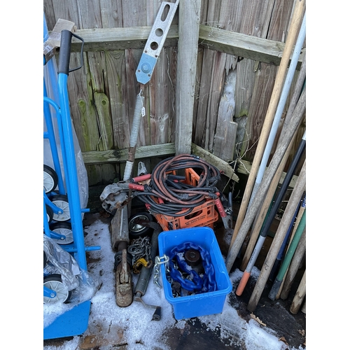 114 - 2 CRATES OF CHAIN, JUMP LEADS, JOCKEY WHEEL, HITCH ETC