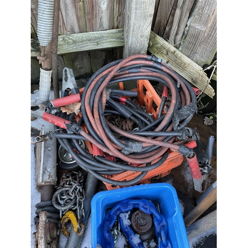 114 - 2 CRATES OF CHAIN, JUMP LEADS, JOCKEY WHEEL, HITCH ETC