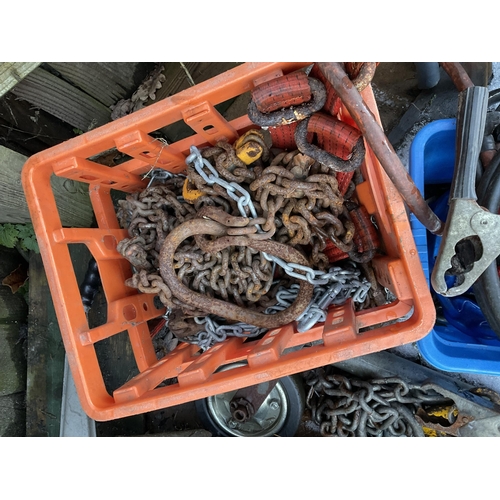 114 - 2 CRATES OF CHAIN, JUMP LEADS, JOCKEY WHEEL, HITCH ETC