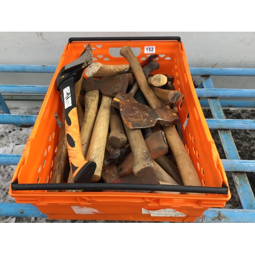 152 - CRATE OF VINTAGE AXES, MONKEY WRENCHES ETC