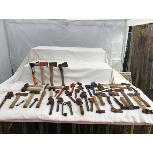 152 - CRATE OF VINTAGE AXES, MONKEY WRENCHES ETC