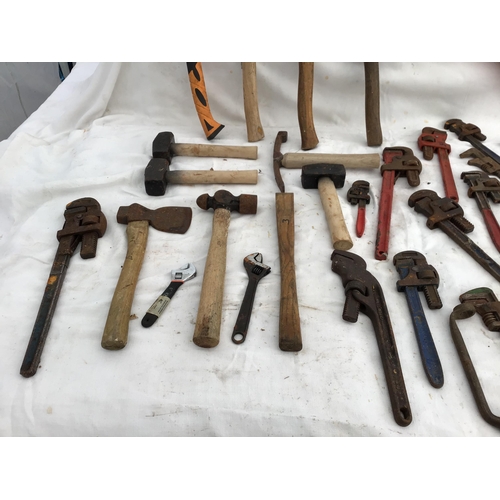 152 - CRATE OF VINTAGE AXES, MONKEY WRENCHES ETC