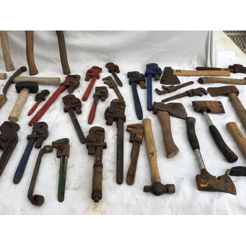 152 - CRATE OF VINTAGE AXES, MONKEY WRENCHES ETC