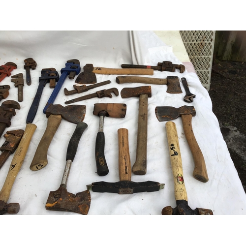 152 - CRATE OF VINTAGE AXES, MONKEY WRENCHES ETC