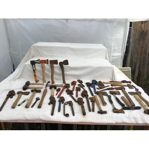 152 - CRATE OF VINTAGE AXES, MONKEY WRENCHES ETC