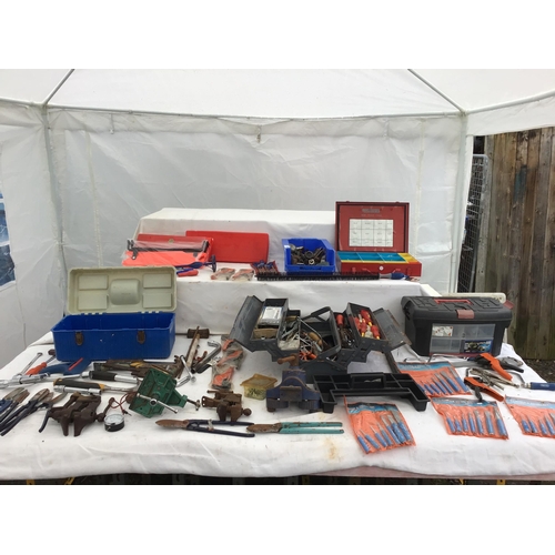 161 - 3 TOOL BOXES AND CRATE OF TOOLS, VICES ETC